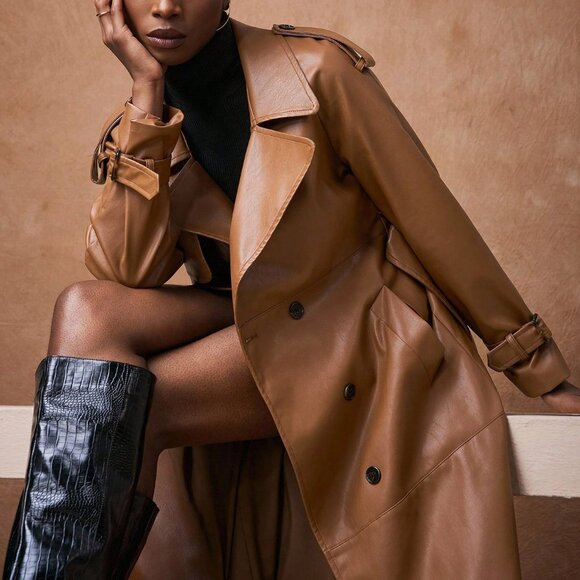 Brown Elegant Women's Long Trench Coat With Pockets - Picture 6 of 8